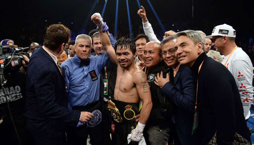 Manny Pacquiao after defeating Adrien Broner in a WBA welterweight world title boxing match at MGM G