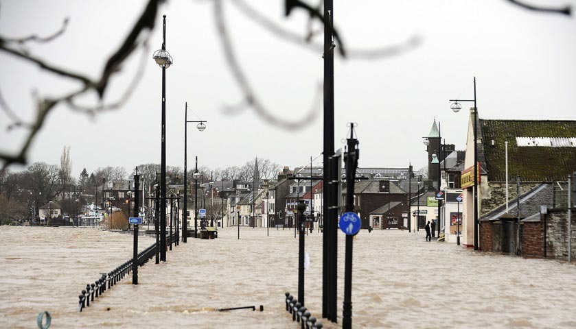 Pedestrian areas flooded along the River Nith that burst its banks in Dumfries.