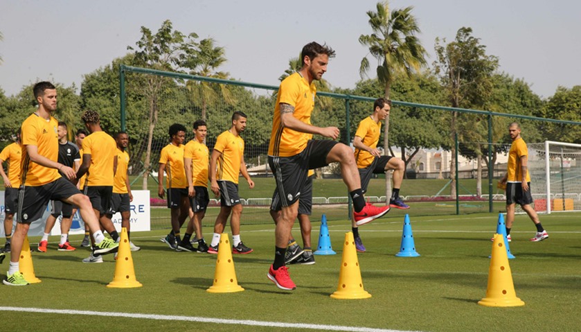 Juventus players attend a training session in Doha