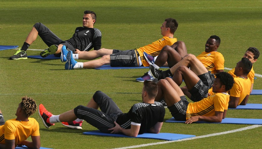 Juventus players attend a training session in Doha