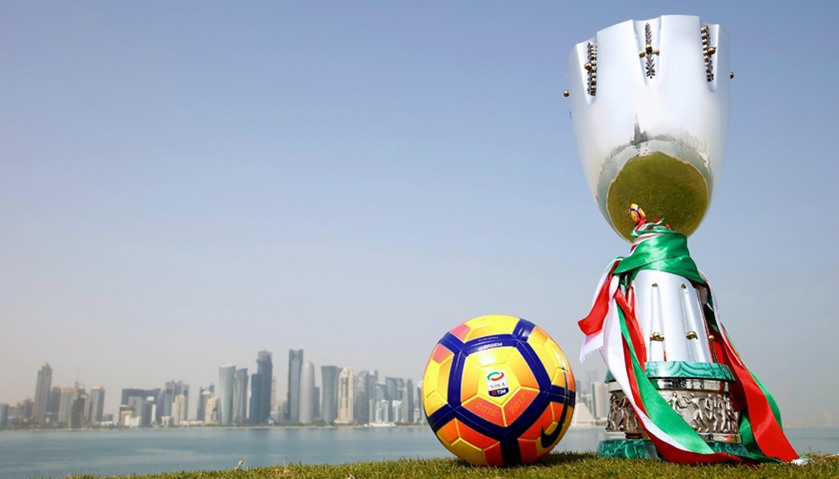 General view of the Italian Super Cup trophy against the Doha skyline