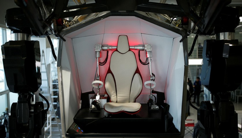 The control room of a manned biped walking robot \"METHOD-2\" is seen during a demonstration