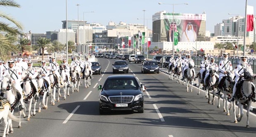 King Salman being given an official welcome in Doha on Monday