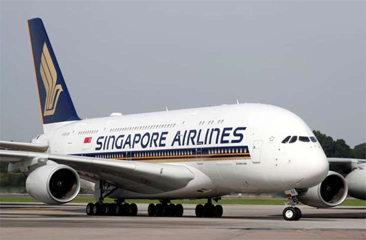 A Singapore Airlines\' A380 fitted with newly launched cabin products arrives at Changi Airport