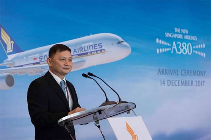 Singapore Airlines CEO Goh Choon Phong speaks during the arrival of its new Airbus A380 on Thursday