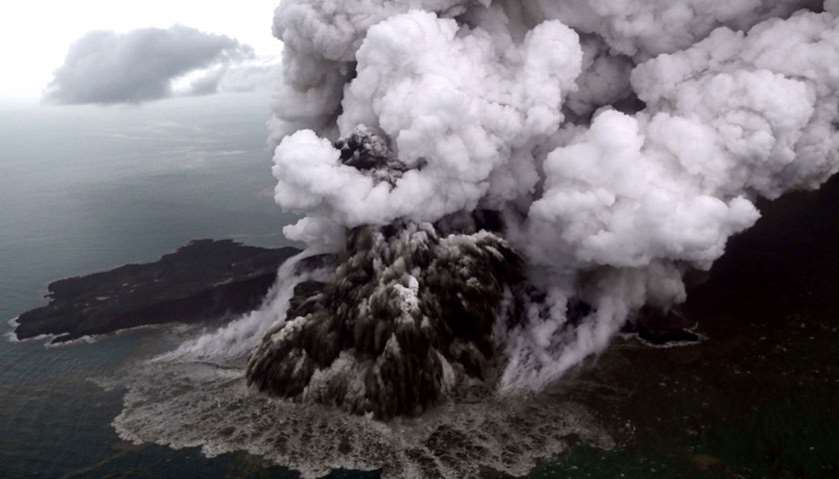 The Anak (Child) Krakatoa volcano erupting in the Sunda Straits off the coast of southern Sumatra