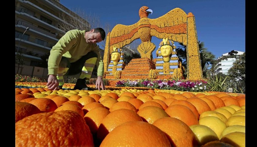 A worker puts the final touch to a replica of a giant eagle and pharaons made with lemons and orange
