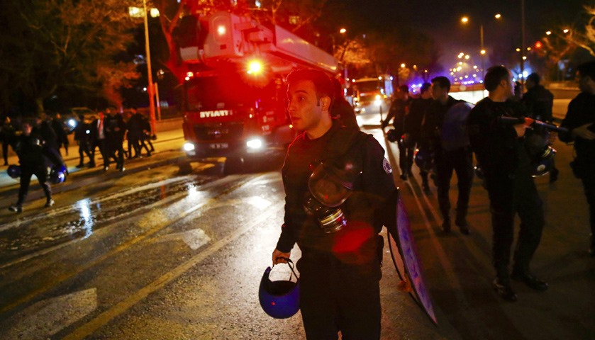 Emergency services arrive after an explosion in Ankara, Turkey