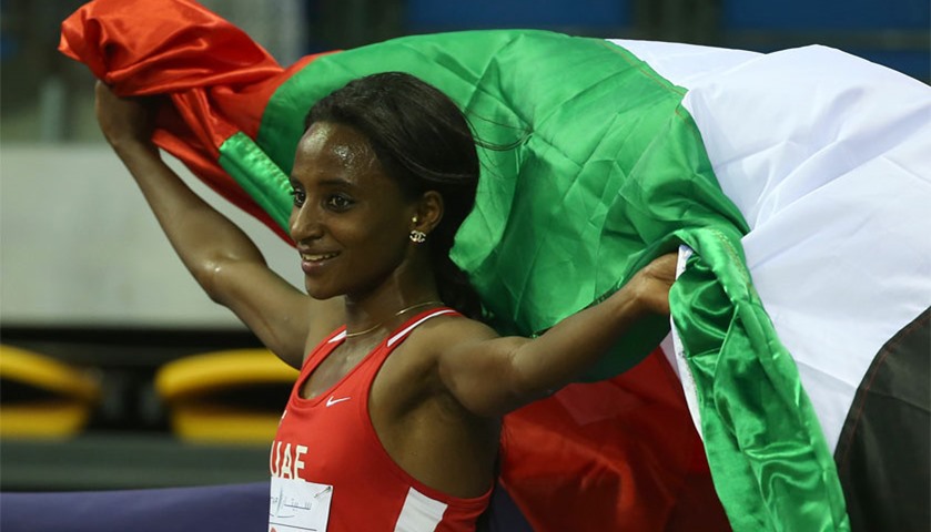 UAE\'s Bethlem Desalegn celebrates winning the 3000m Women\'s final