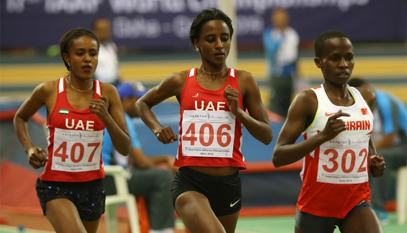 UAE\'s Bethlem Desalegn (C) competes in the 3000m Women\'s final