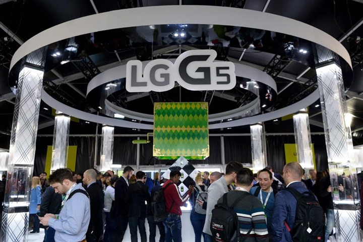 Visitors gather at the stand of the new LG G5 model in Barcelona
