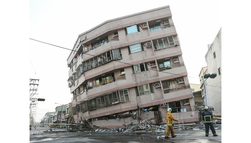 A damaged building is seen after a powerful earthquake hit Tainan, Southern Taiwan