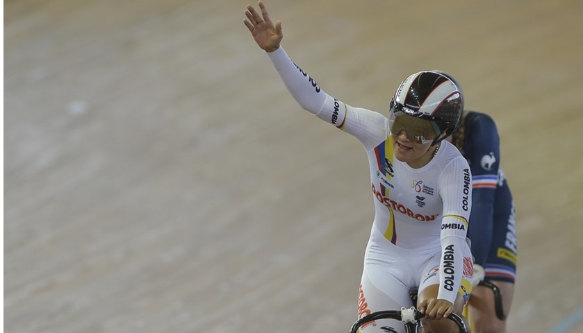 Colombian cyclist Martha Bayona celebrates after winning silver medal in Women\'s Keirin final