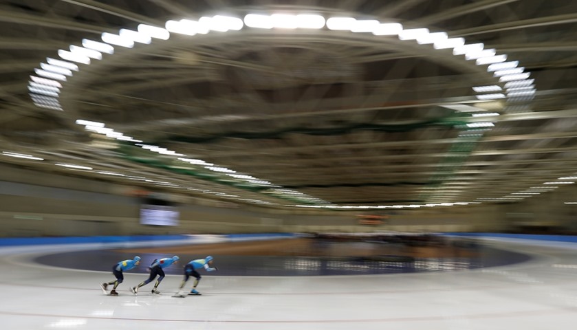 Speed Skating - Dmitry Babenko, Denis Kuzin and Fyodor Mezentsev of Kazakhstan in action. 
