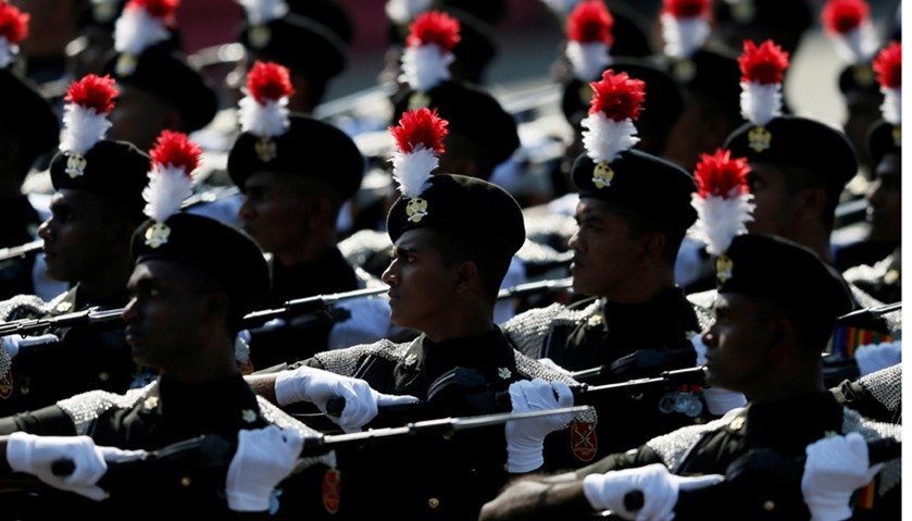 Sri Lankan Army soldiers march during Sri Lanka\'s 69th Independence day celebrations