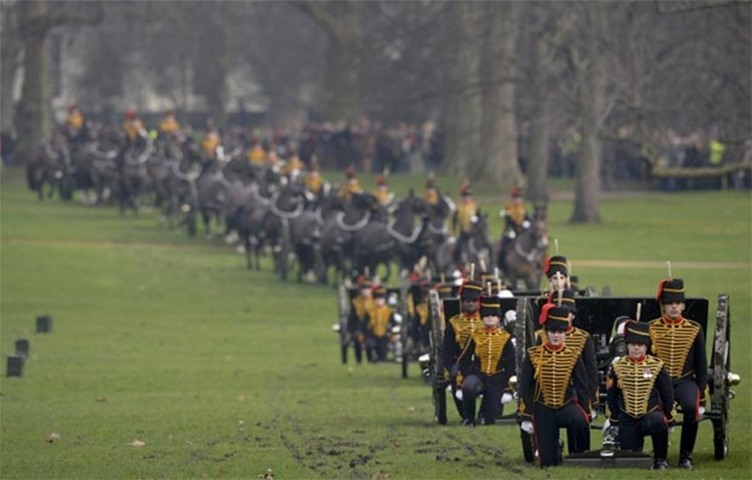 The King\'s Troop Royal Horse Artillery take part in a ceremony at Green Park in London on Monday