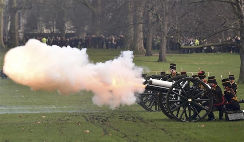 Guns are fired during the King\'s Troop Royal Horse Artillery’s 41-gun salute in London on Monday