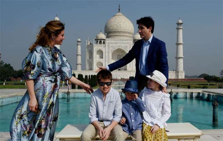 Justin Trudeau, his wife Sophie Gregoire and their children are pictured at the Taj Mahal