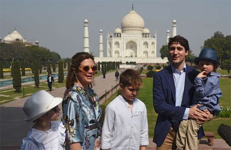 Justin Trudeau talks to the media during a visit to the Taj Mahal on Sunday
