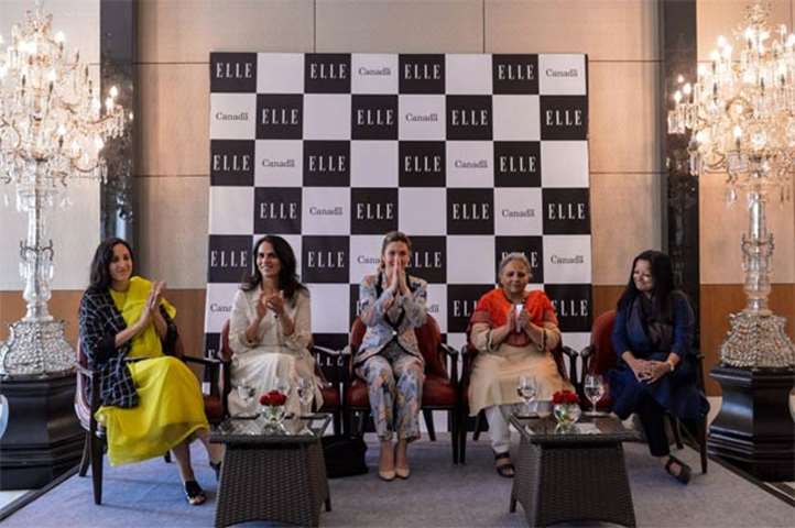 Sophie Gregoire Trudeau is seen with Indian women during a panel discussion in New Delhi