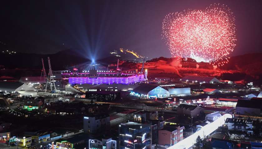 Fireworks light up the night sky outside the closing ceremony of the Pyeongchang 2018 Winter Olympic