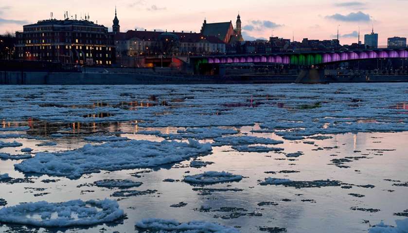 Block of ice on the partially frozen Vistula river in the Polish capital Warsaw