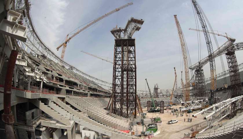 A general view taken with a fisheye lens, shows construction work at the Al-Wakrah Stadium