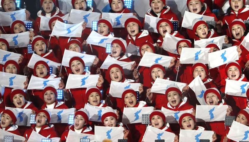 Cheerleaders of North Korea await the start of the opening ceremony