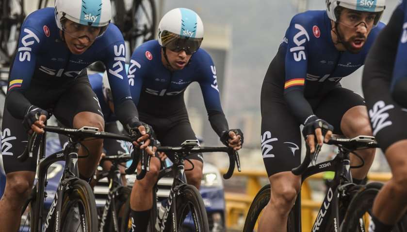 Egan Bernal (L), Ivan Sosa (C) and Jonathan Castroviejo riding for Team Sky compete