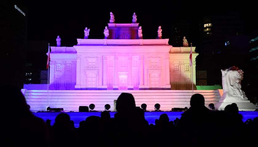 A giant snow sculpture representing the Palace on the Isle in Warsaw

