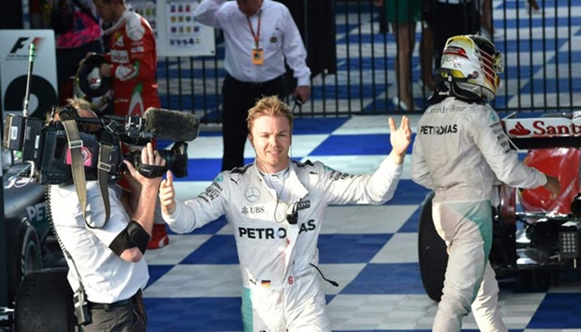 Nico Rosberg celebrates after winning the Formula One Grand Prix in Melbourne