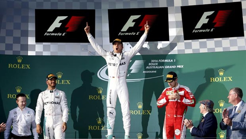 Mercedes F1 driver Nico Rosberg celebrates after winning the Grand Prix on Sunday