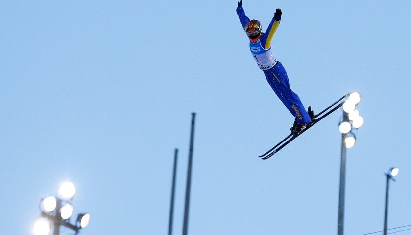 Women\'s Aerials qualification - Xu Mengtao of China performs an aerial