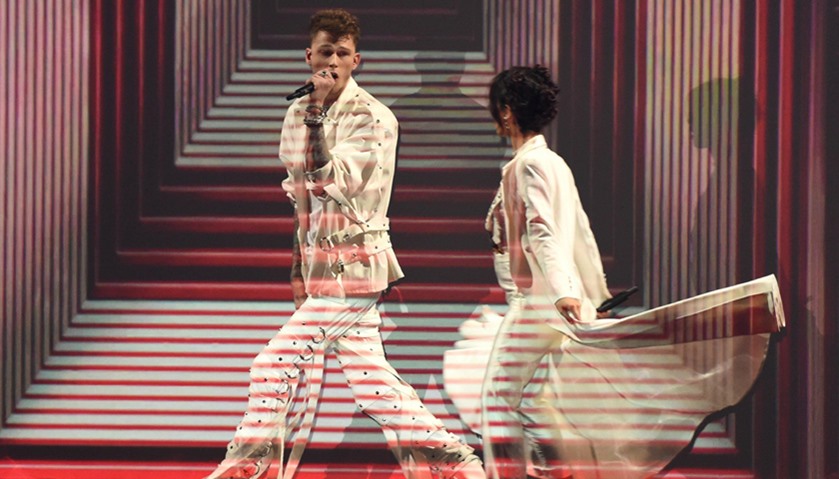 Recording artists Camila Cabello (R) and Machine Gun Kelly on stage at the 30th Annual Nickelodeon K