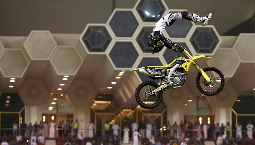 A motorcyclist performs during Monster Jam show which was organized by General Entertainment Authori