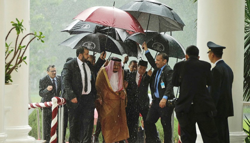 Saudi King Salman and Indonesian President Joko Widodo walk under umbrellas in heavy rain