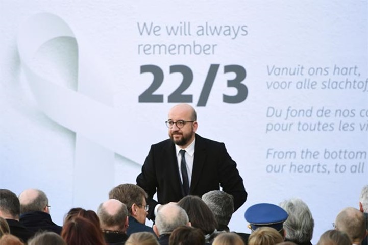 Prime Minister Charles Michel takes part in a memorial ceremony on Wednesday