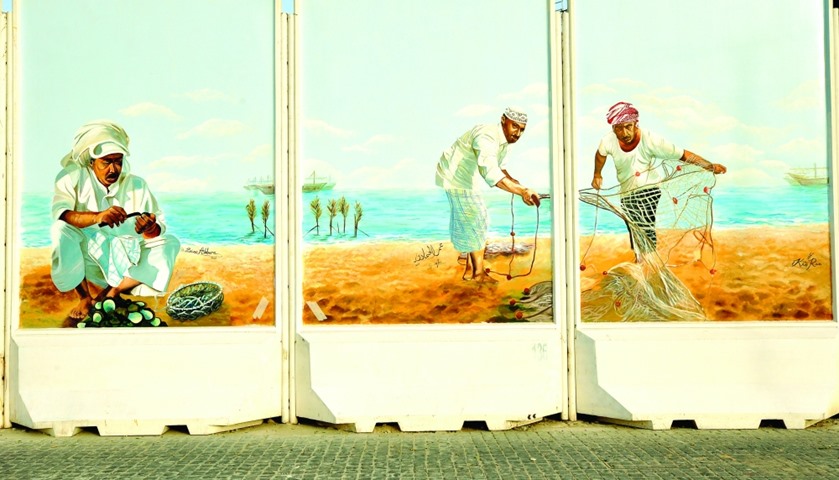 Seascape view depicting Qatari fishermen.