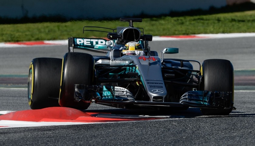 Mercede\'s British driver Lewis Hamilton drives