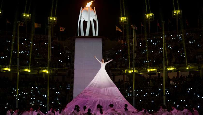 Ahra KO, dancer, performs in front of the Paralympic Flam during the Closing Ceremony