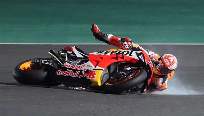 Repsol rider and current world champion Marc Marquez of Spain crashes