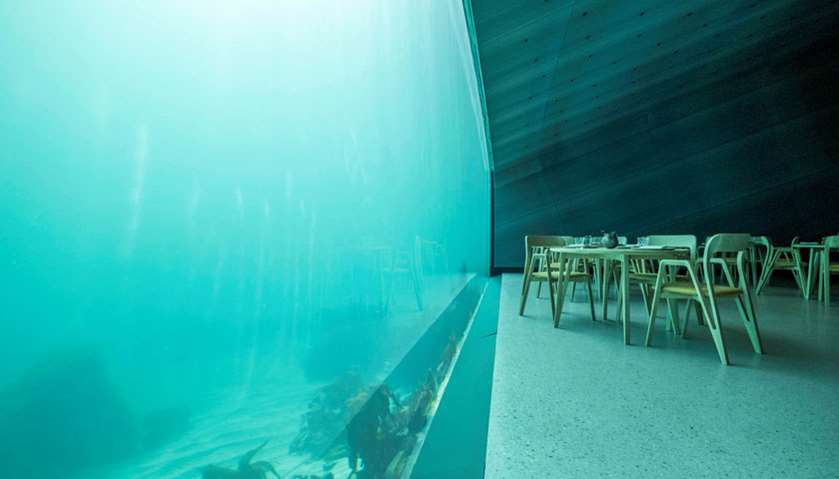 Interiors of \"Under\", a semi-submerged restaurant beneath the waters of the North Atlantic