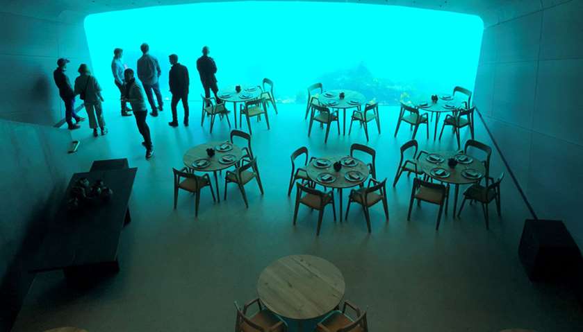 An inside view of the underwater restaurant Under in Baaly, Norway