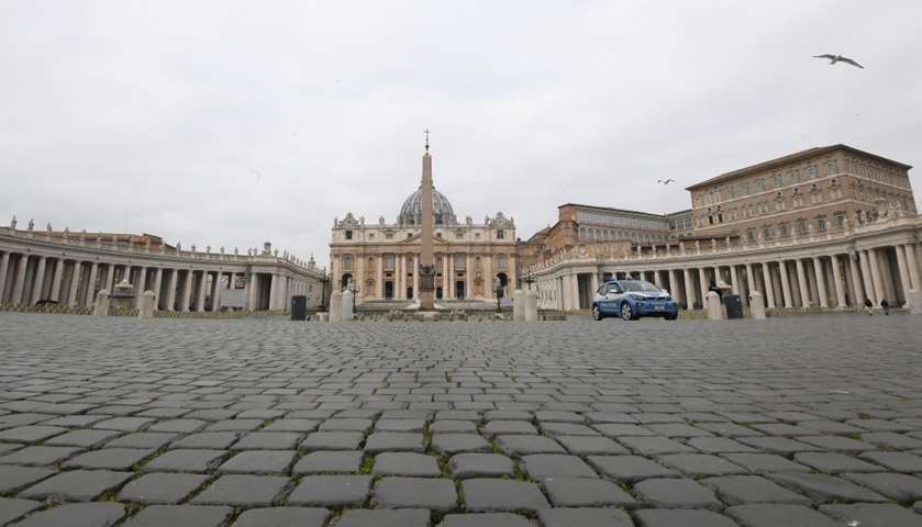 view of St. Peter\'s Square, on the fourth day of an unprecedented lockdown in Vatican
