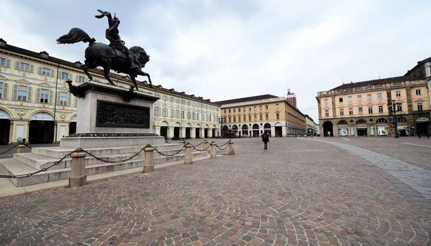 A virtually desserted San Carlo square is seen in Turin