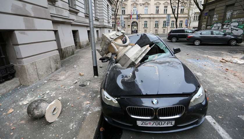 A damaged car is seen following an earthquake, in Zagreb, Croatia