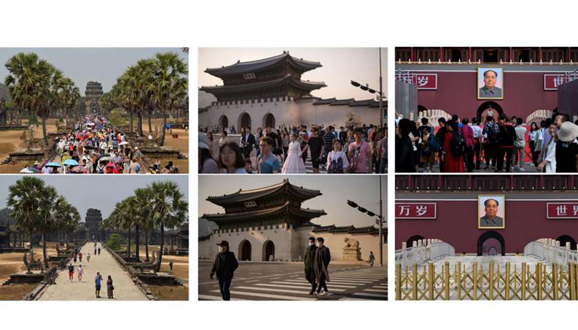 Combination photos showing tourist sites in Asia before and after the spread of coronavirus