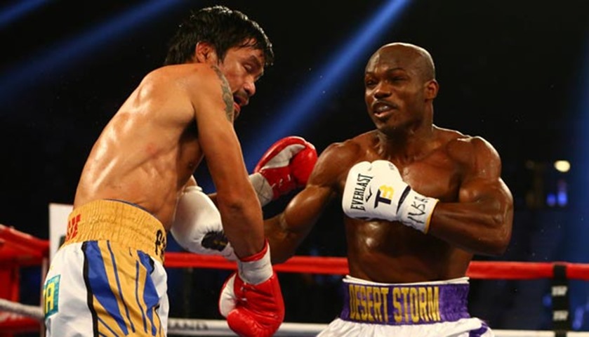 Timothy Bradley throws a punch as Manny Pacquiao defends at MGM Grand Garden Arena on Saturday