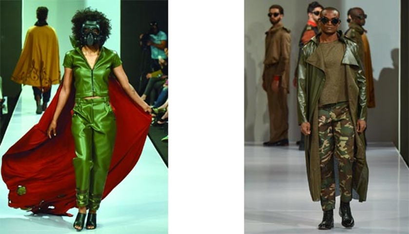 A futuristic look from the senior collection (left) and military-themed clothing