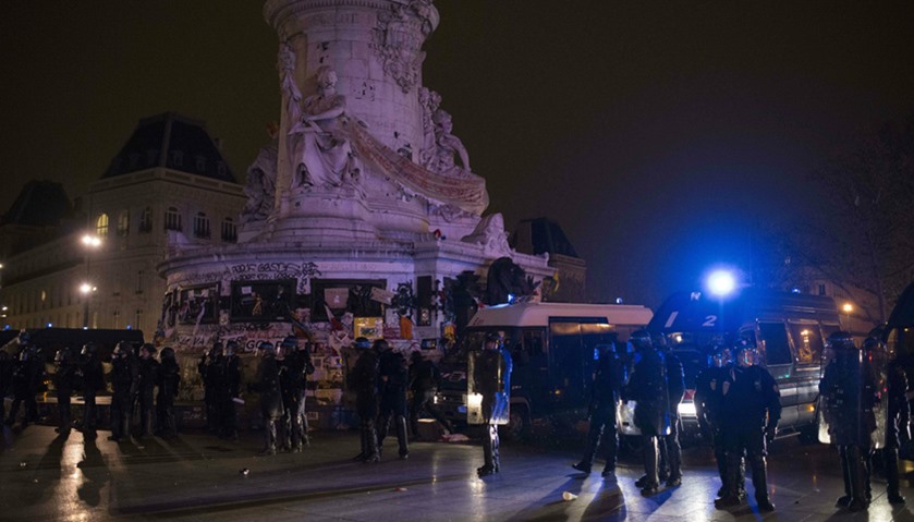 French gendarmes secure the Place de la République during a rally by the Nuit Debout